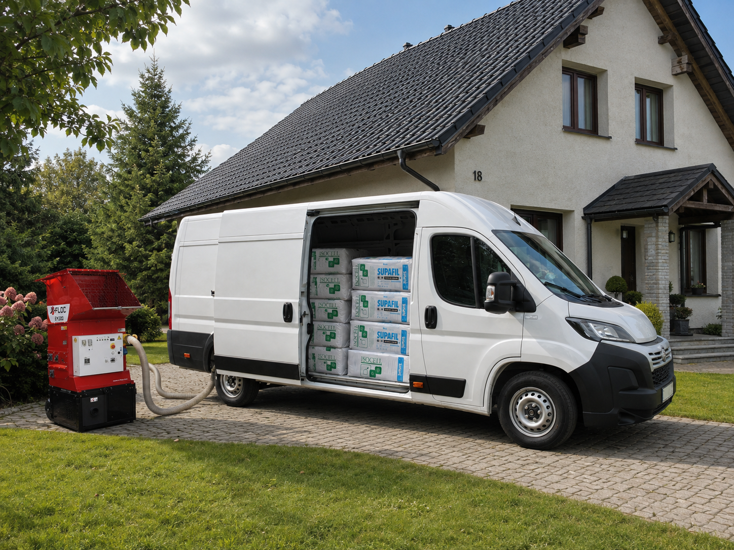 Pierwszy zestaw: Fiat Ducato z materiałami i czerwony agregat X-Floc przy domu jednorodzinnym