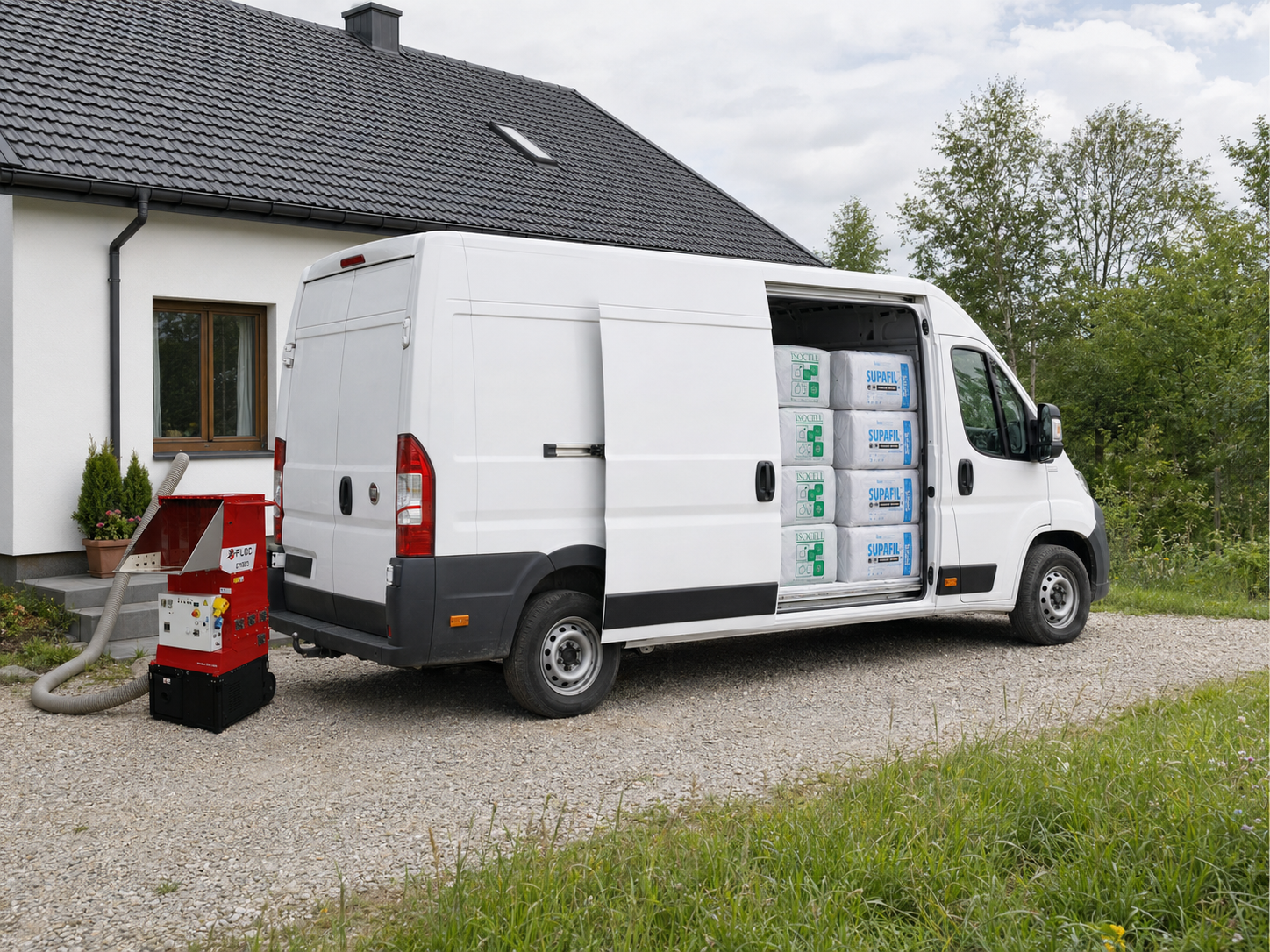 Drugi zestaw: Fiat Ducato z materiałami i czerwony agregat X-Floc na podmiejskiej posesji