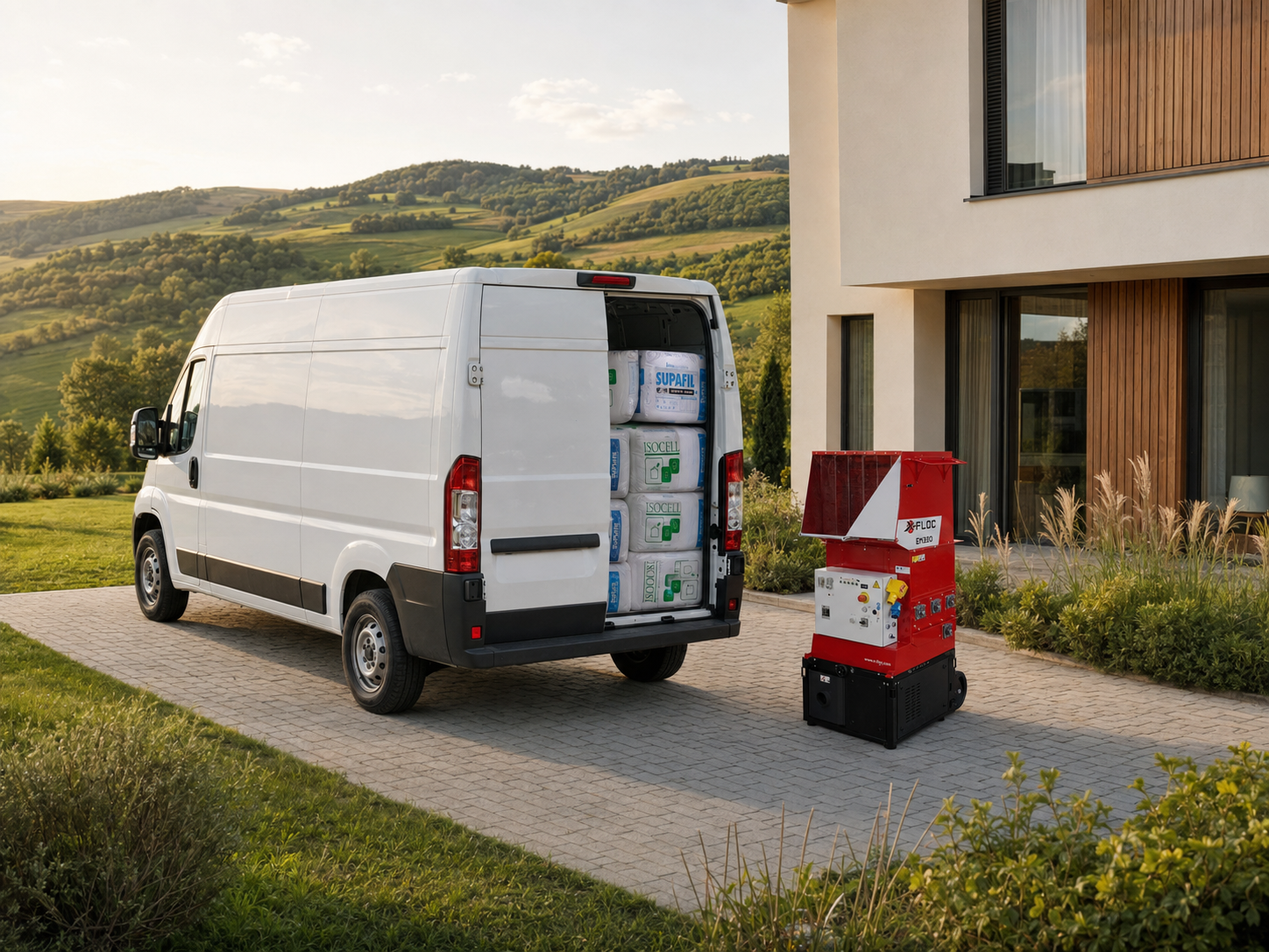 Trzeci zestaw: Fiat Ducato z materiałami i czerwony agregat X-Floc przy nowoczesnym domu